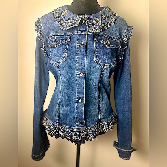 ONADO Paris Women’s Embroidered Lace Asymmetric Hem Cotton Denim Jacket Sz XL/42 - Picture 1 of 13